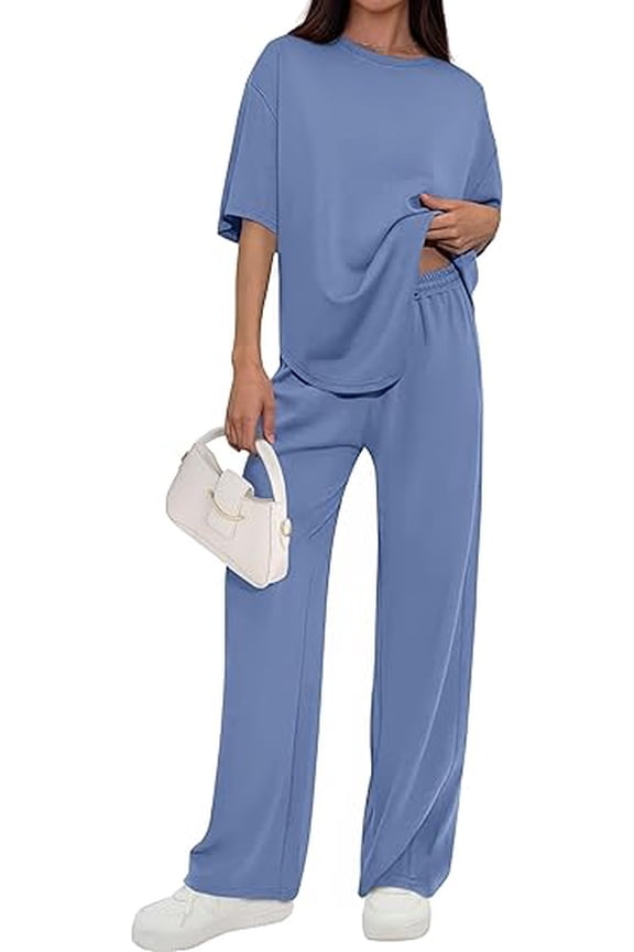 Women's Summer 2 Piece Lounge Set Short Sleeve Tops Wide Leg Pants Spring Vacation Travel Outfits Clothes