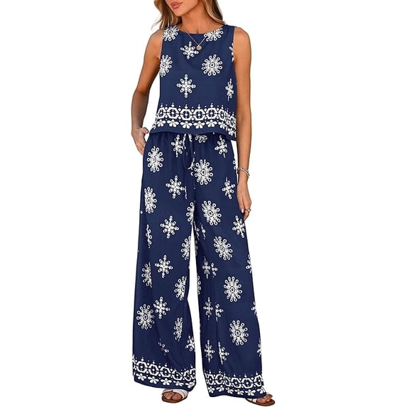PRETTYGARDEN Women's Summer 2 Piece Lounge Sets Boho Floral Tank Tops Flowy Wide Peg Pants Travel Beach Vacation Outfits
