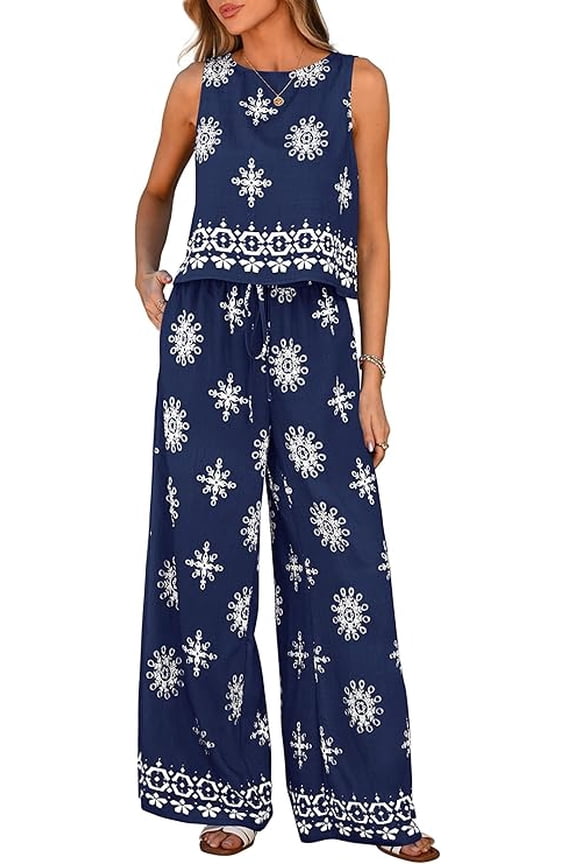 Women's Summer 2 Piece Lounge Sets Boho Floral Tank Tops Flowy Wide Peg Pants Travel Beach Vacation Outfits