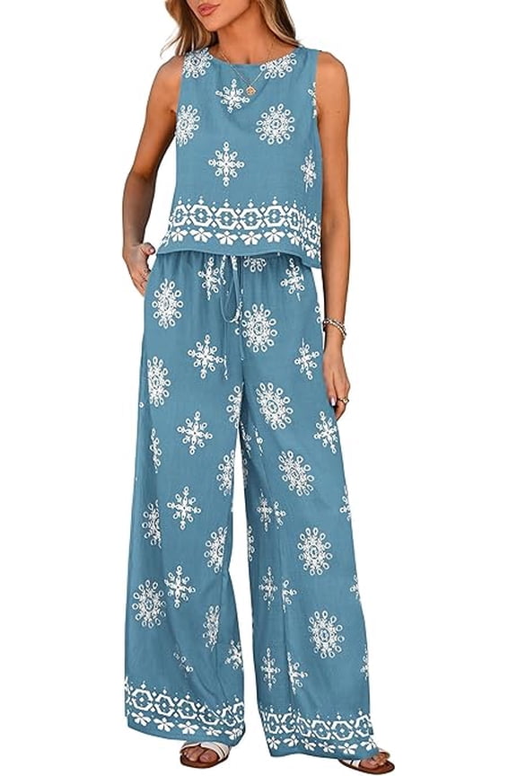 Women's Summer 2 Piece Lounge Sets Boho Floral Tank Tops Flowy Wide Peg Pants Travel Beach Vacation Outfits