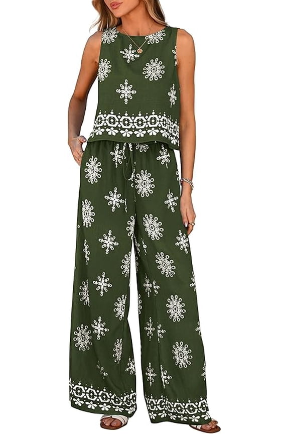 Women's Summer 2 Piece Lounge Sets Boho Floral Tank Tops Flowy Wide Peg Pants Travel Beach Vacation Outfits