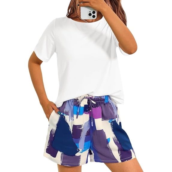 PRETTYGARDEN Women's Summer 2 Piece Outfits Lounge Sets Short Sleeve Tee Shirts Tops Blouses Pockets Printed Shorts Tracksuit