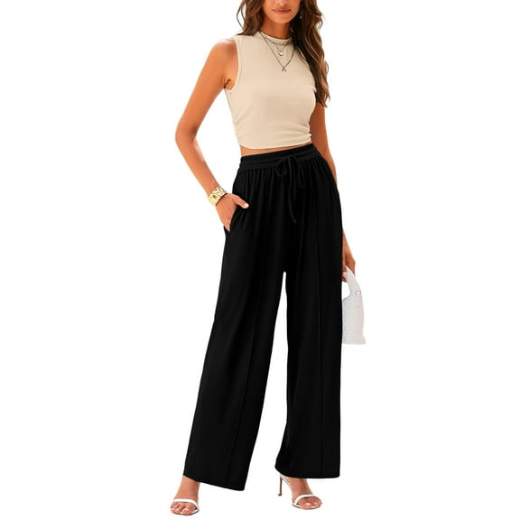 PRETTYGARDEN Women's Summer 2 Piece Outfits Ribbed Knit Lounge Sets Tracksuit Sleeveless Crop Tank Tops Wide Leg Casual Pants