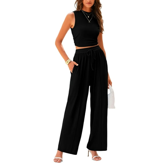 PRETTYGARDEN Women's Summer 2 Piece Outfits Ribbed Knit Lounge Sets Tracksuit Sleeveless Crop Tank Tops Wide Leg Casual Pants