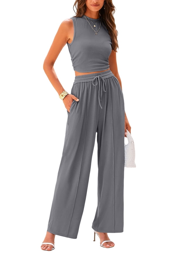 Women's Summer 2 Piece Outfits Ribbed Knit Lounge Sets Tracksuit Sleeveless Crop Tank Tops Wide Leg Casual Pants