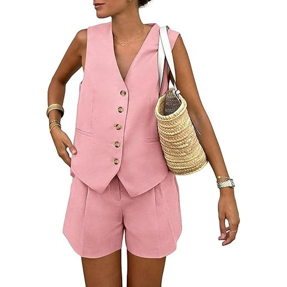 PRETTYGARDEN Women's Summer 2 Piece Outfits Sleeveless Matching Sets Button Down V Neck Vest Waistcoat and Pockets Shorts