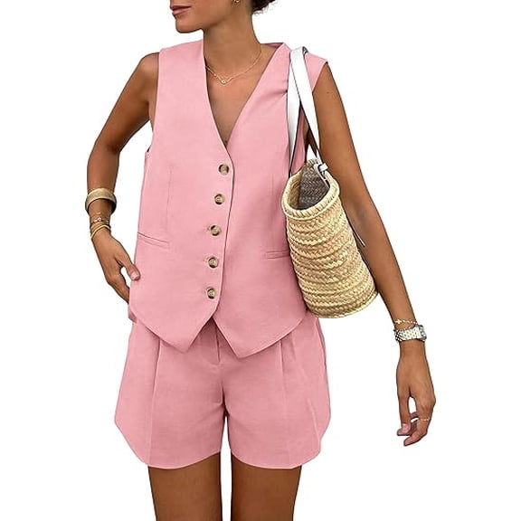 PRETTYGARDEN Women's Summer 2 Piece Outfits Sleeveless Matching Sets Button Down V Neck Vest Waistcoat and Pockets Shorts