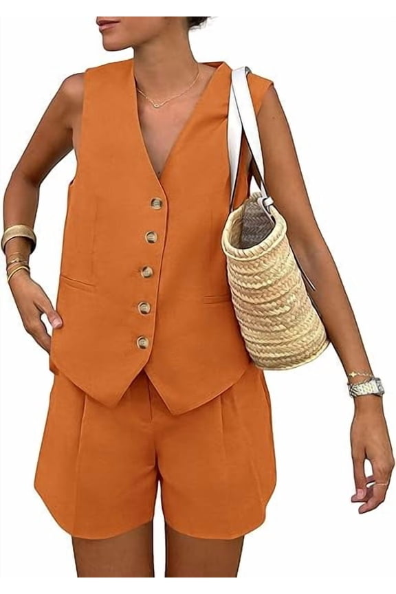 Women's Summer 2 Piece Outfits Sleeveless Matching Sets Button Down V Neck Vest Waistcoat and Pockets Shorts