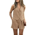 thumbnail image 1 of PRETTYGARDEN Women's Summer 2 Piece Outfits Sleeveless Matching Sets Button Down V Neck Vest Waistcoat and Pockets Shorts, 1 of 9
