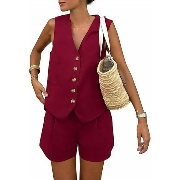 PRETTYGARDEN Women's Summer 2 Piece Outfits Sleeveless Matching Sets Button Down V Neck Vest Waistcoat and Pockets Shorts