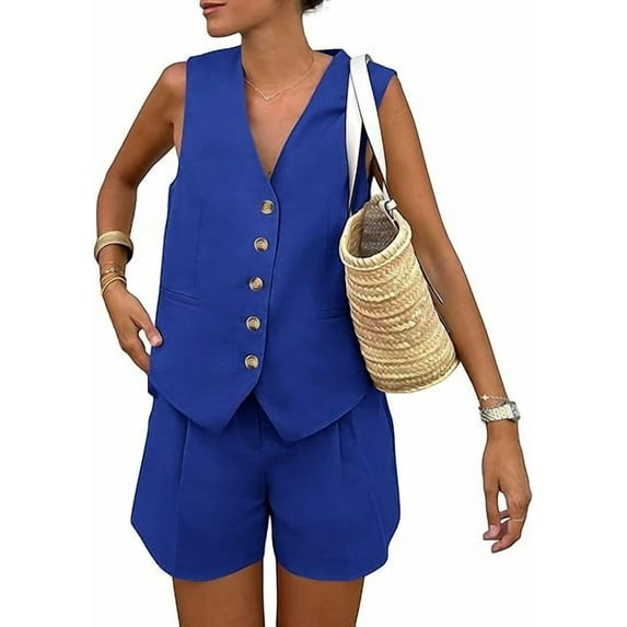 PRETTYGARDEN Women's Summer 2 Piece Outfits Sleeveless Matching Sets Button Down V Neck Vest Waistcoat and Pockets Shorts