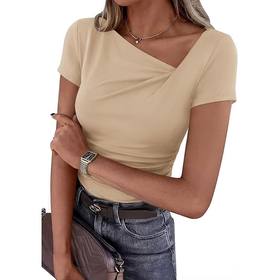 PRETTYGARDEN Women's Summer Asymmetrical Y2K Tops Trendy Ribbed Short Sleeve Fitted Tee Shirts Spring Fashion Clothing