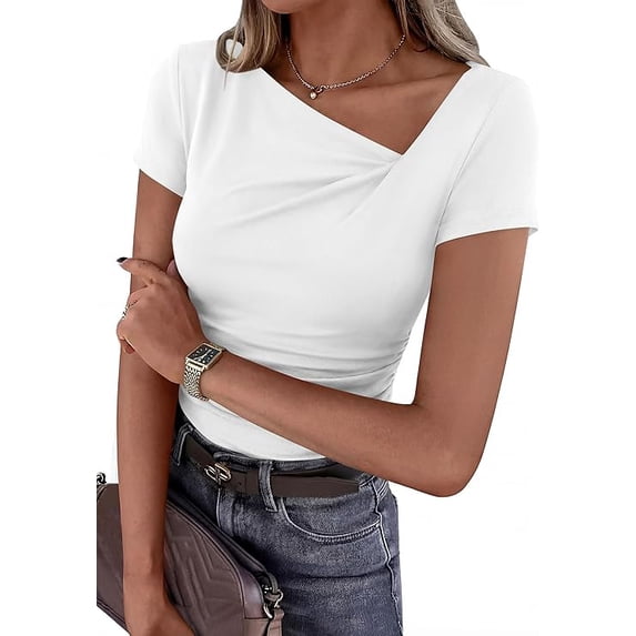 PRETTYGARDEN Women's Summer Asymmetrical Y2K Tops Trendy Ribbed Short Sleeve Fitted Tee Shirts Spring Fashion Clothing