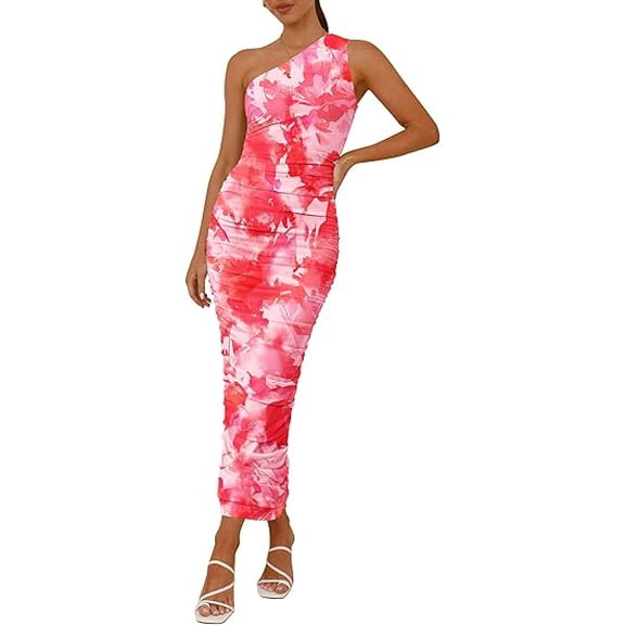PRETTYGARDEN Women's One Shoulder Bodycon Dress Summer 2025 Printed Ruched Party Cocktail Fitted Long Dress