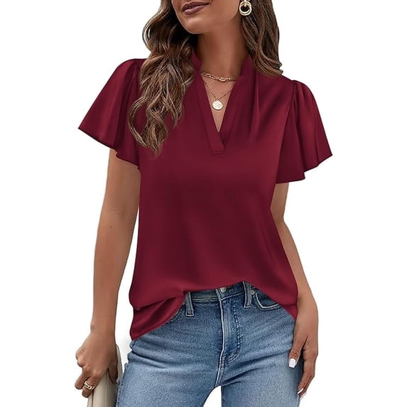PRETTYGARDEN Women's Summer Blouses Dressy Casual Ruffle Cap Sleeve V Neck Business Work Trendy Cute Tops Spring Outfits