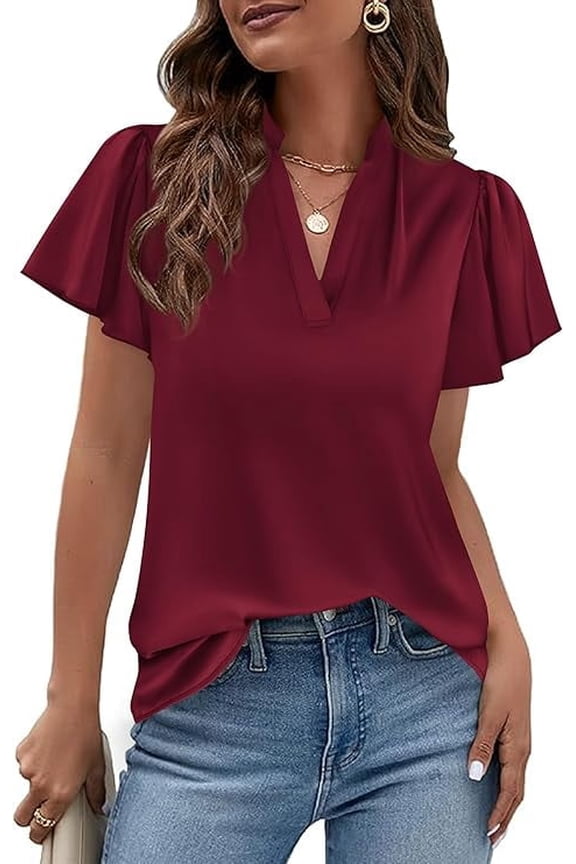 Women's Summer Blouses Dressy Casual Ruffle Cap Sleeve V Neck Business Work Trendy Cute Tops Spring Outfits