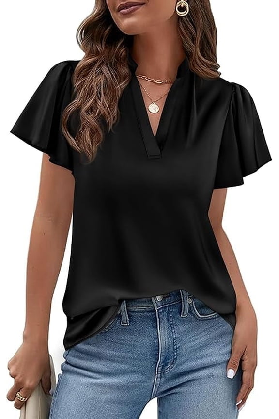 Women's Summer Blouses Dressy Casual Ruffle Cap Sleeve V Neck Business Work Trendy Cute Tops Spring Outfits