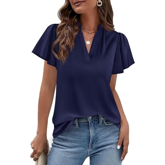 PRETTYGARDEN Women's Summer Blouses Dressy Casual Ruffle Cap Sleeve V Neck Business Work Trendy Cute Tops Spring Outfits