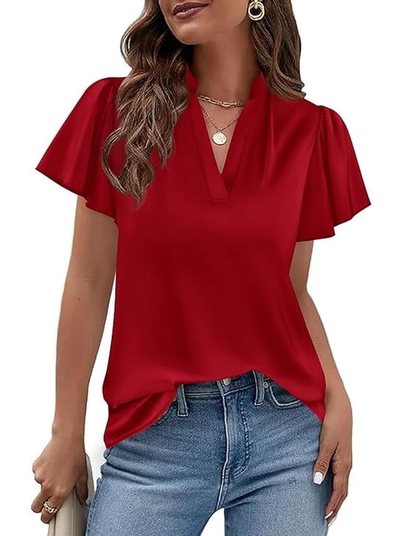 Women's Summer Blouses Dressy Casual Ruffle Cap Sleeve V Neck Business Work Trendy Cute Tops Spring Outfits