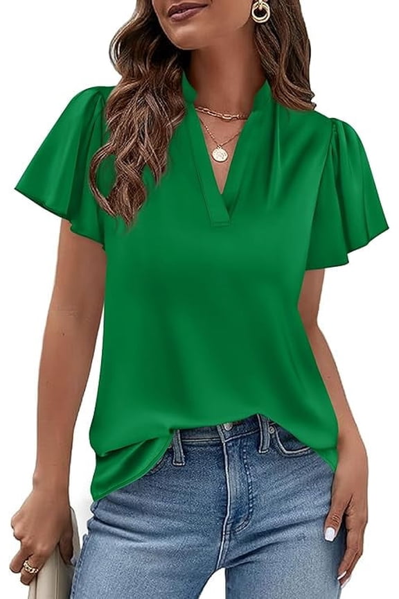 Women's Summer Blouses Dressy Casual Ruffle Cap Sleeve V Neck Business Work Trendy Cute Tops Spring Outfits