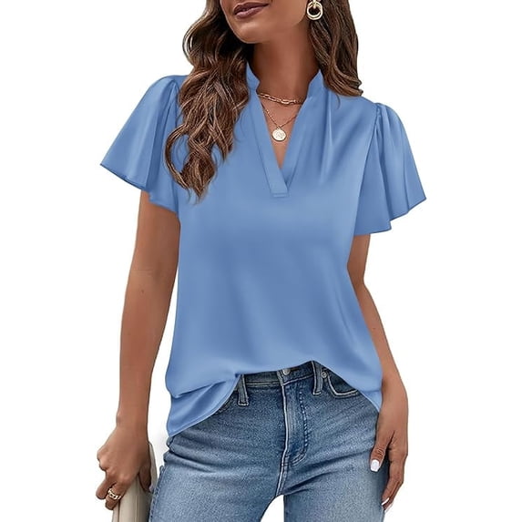 PRETTYGARDEN Women's Summer Blouses Dressy Casual Ruffle Cap Sleeve V Neck Business Work Trendy Cute Tops Spring Outfits