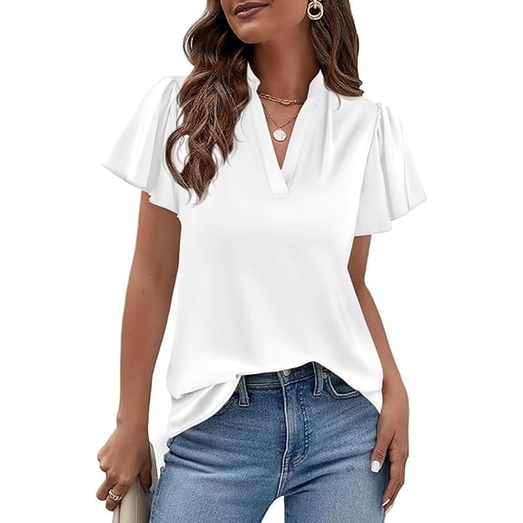 PRETTYGARDEN Women's Summer Blouses Dressy Casual Ruffle Cap Sleeve V Neck Business Work Trendy Cute Tops Spring Outfits