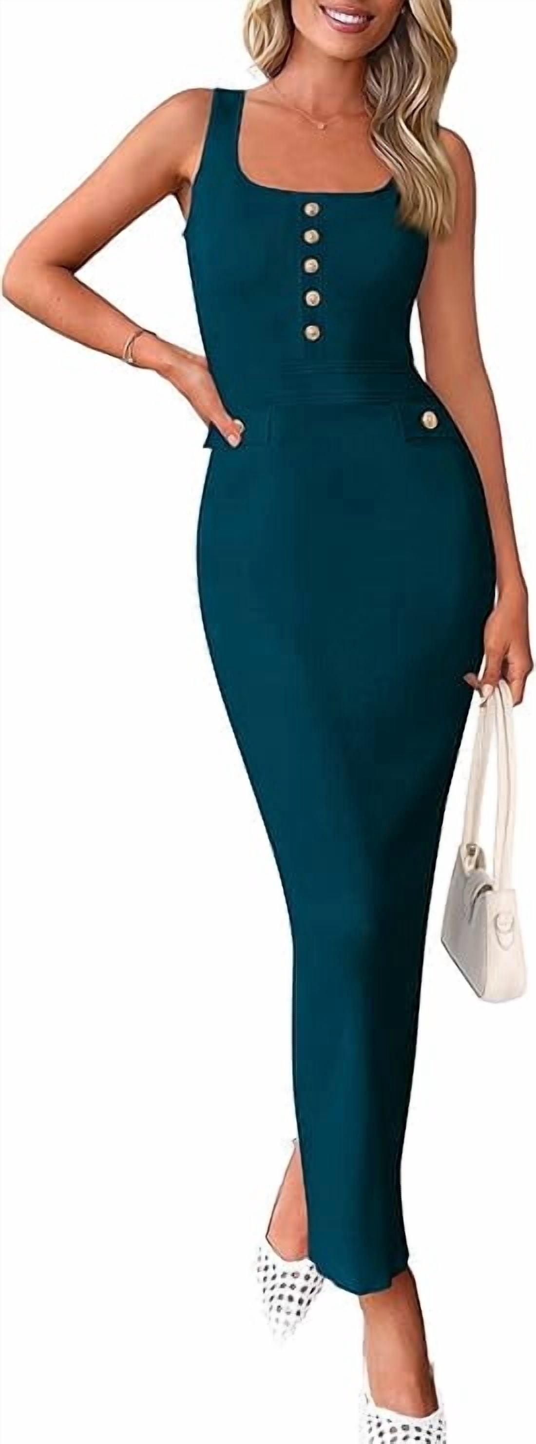 PRETTYGARDEN Women's Summer Bodycon Maxi Dresses Sleeveless Buttons Knit Spring Elegant Wedding Guest Cocktail Dress