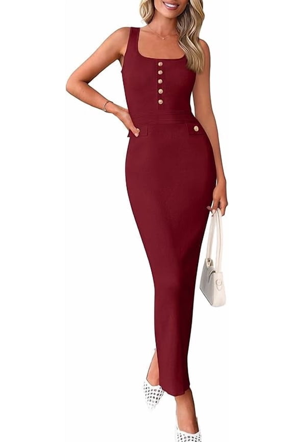 Women's Summer Bodycon Maxi Dresses Sleeveless Buttons Knit Spring Elegant Wedding Guest Cocktail Dress