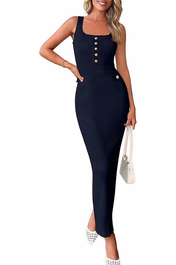 Women's Summer Bodycon Maxi Dresses Sleeveless Buttons Knit Spring Elegant Wedding Guest Cocktail Dress