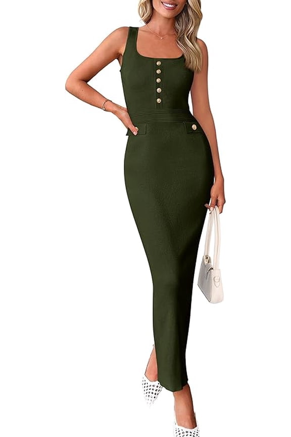 Women's Summer Bodycon Maxi Dresses Sleeveless Buttons Knit Spring Elegant Wedding Guest Cocktail Dress