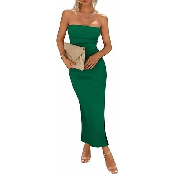PRETTYGARDEN Women's Summer Bodycon Maxi Tube Dress Ribbed Strapless Side Slit Long Going Out Casual Elegant Party Dresses