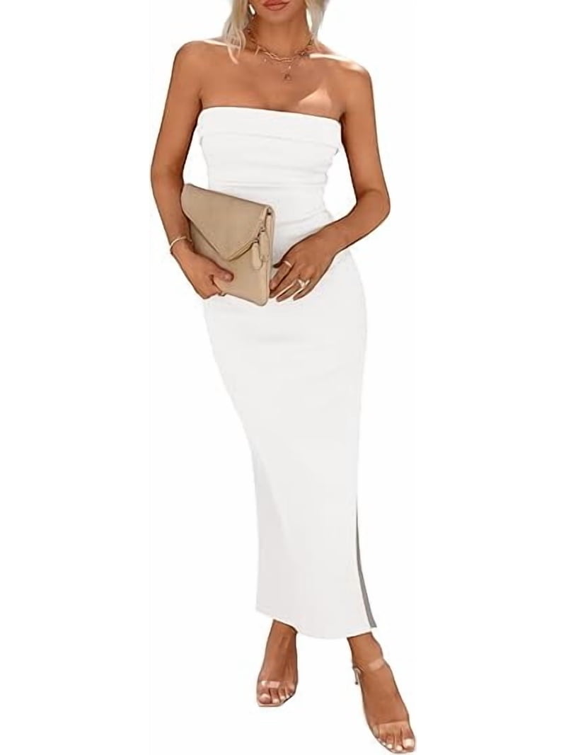 Prettygarden Women's Summer Bodycon Maxi Tube Dress Ribbed Strapless Side Slit Long Going Out Casual Elegant Party Dresses, Size: 2XL, White
