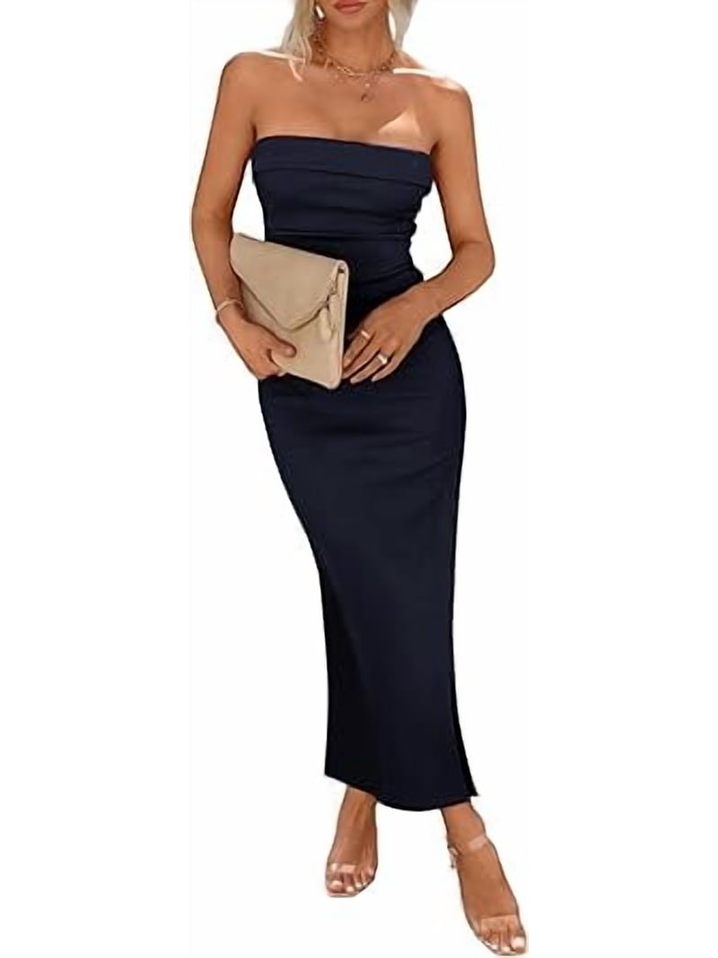 Prettygarden Women's Summer Bodycon Maxi Tube Dress Ribbed Strapless Side Slit Long Going Out Casual Elegant Party Dresses, Size: Large, Blue