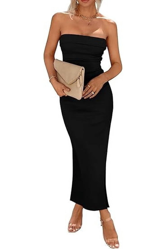 Women's Summer Bodycon Maxi Tube Dress Ribbed Strapless Side Slit Long Going Out Casual Elegant Party Dresses
