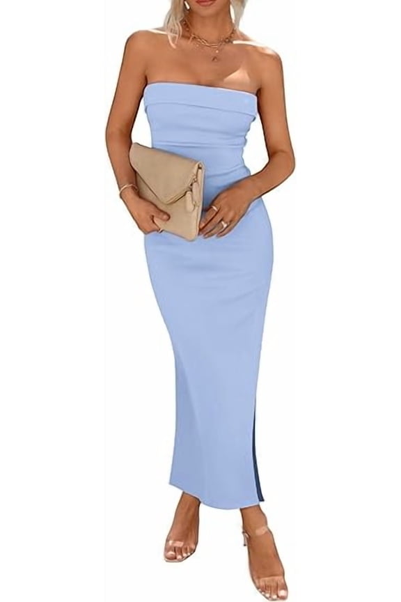 Women's Summer Bodycon Maxi Tube Dress Ribbed Strapless Side Slit Long Going Out Casual Elegant Party Dresses