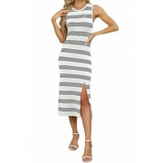 PRETTYGARDEN Women's Summer Bodycon Sundresses Casual Midi Sleeveless Hollow Out Knit Side Slit Striped Long Tank Dress