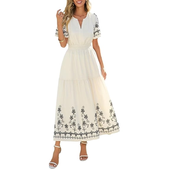 PRETTYGARDEN Women's Summer Boho Maxi Dress Spring Floral Short Sleeve V Neck A Line Flowy Beach Wedding Guest Dresses