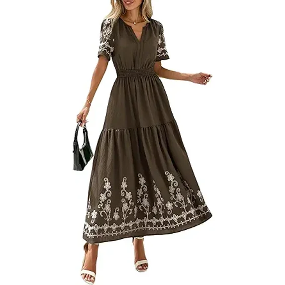 PRETTYGARDEN Women's Summer Boho Maxi Dress Spring Floral Short Sleeve V Neck A Line Flowy Beach Wedding Guest Dresses