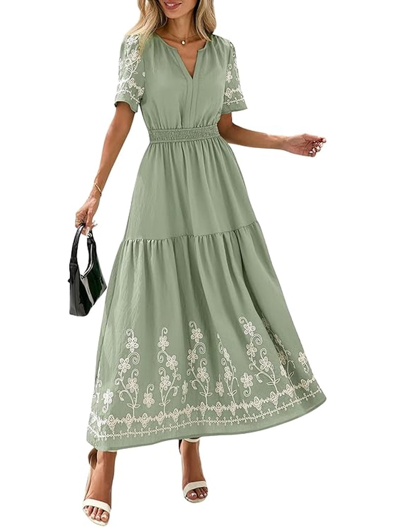 PRETTYGARDEN Women's Summer Boho Maxi Dress Spring Floral Short Sleeve V Neck A Line Flowy Beach Wedding Guest Dresses