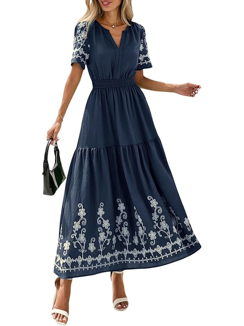 PRETTYGARDEN Women's Summer Boho Maxi Dress Spring Floral Short Sleeve V Neck A Line Flowy Beach Wedding Guest Dresses