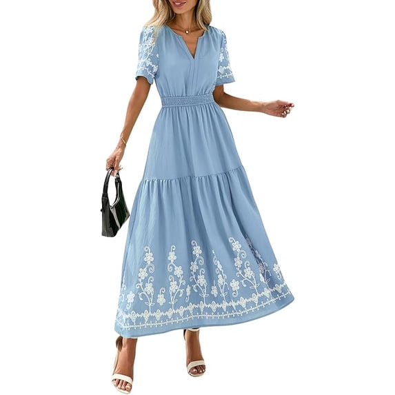 PRETTYGARDEN Women's Summer Boho Maxi Dress Spring Floral Short Sleeve V Neck A Line Flowy Beach Wedding Guest Dresses