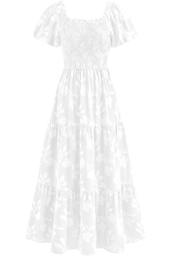 Women's Summer Boho Maxi Dresses Floral Short Sleeve Square Neck Smocked Flowy Long Dress Vacation Outfits