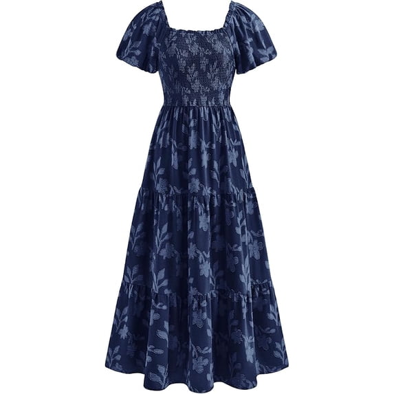 PRETTYGARDEN Women's Summer Boho Maxi Dresses Floral Short Sleeve Square Neck Smocked Flowy Long Dress Vacation Outfits