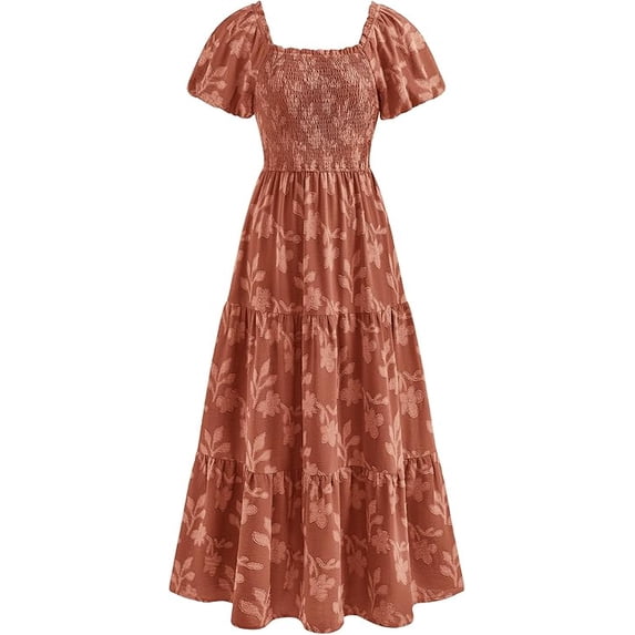 PRETTYGARDEN Women's Summer Boho Maxi Dresses Floral Short Sleeve Square Neck Smocked Flowy Long Dress Vacation Outfits