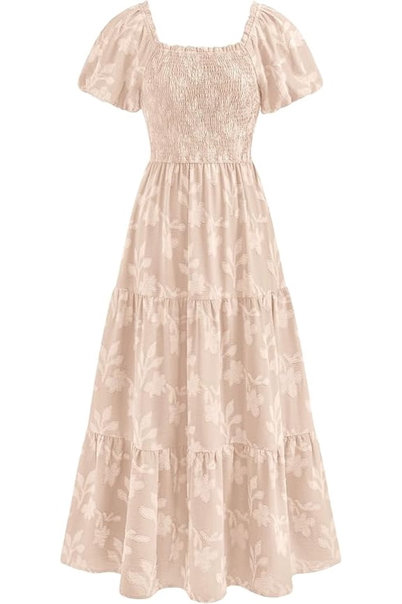 Women's Summer Boho Maxi Dresses Floral Short Sleeve Square Neck Smocked Flowy Long Dress Vacation Outfits