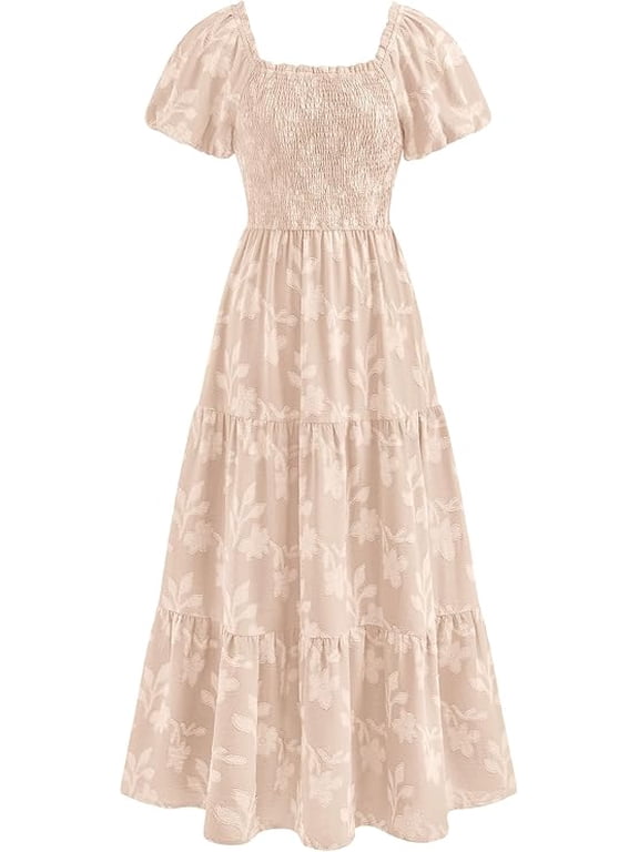 Women's Summer Boho Maxi Dresses Floral Short Sleeve Square Neck Smocked Flowy Long Dress Vacation Outfits