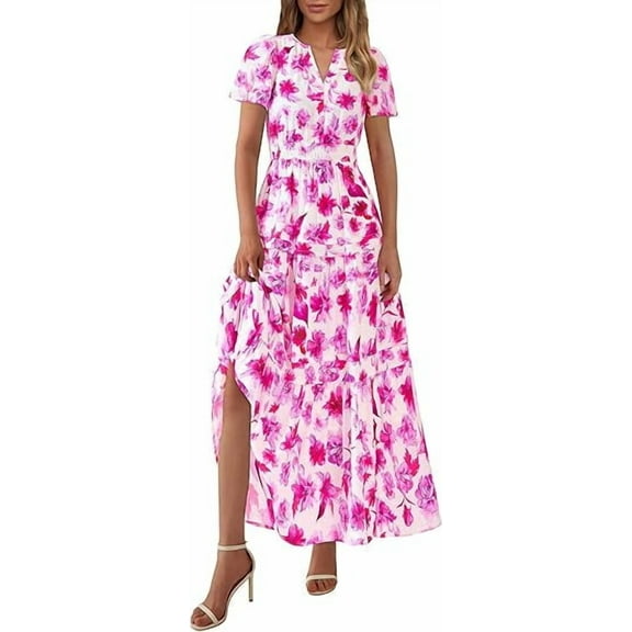 PRETTYGARDEN Women's Summer Boho Maxi Dresses Floral Short Sleeve V Neck A Line Tiered Flowy Long Beach Vacation Dress