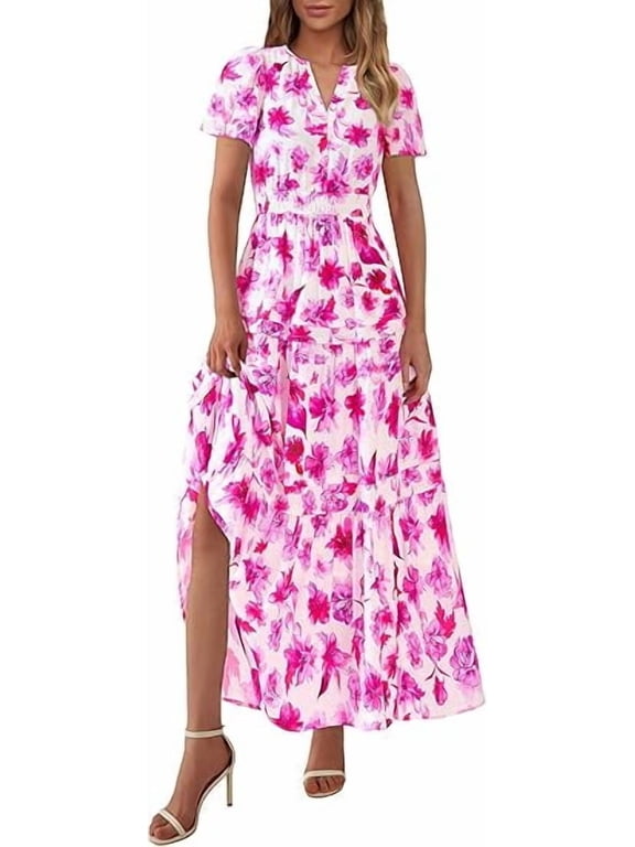 Women's Summer Boho Maxi Dresses Floral Short Sleeve V Neck A Line Tiered Flowy Long Beach Vacation Dress