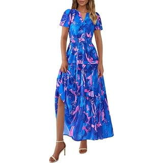 PRETTYGARDEN Women's Summer Boho Maxi Dresses Floral Short Sleeve V Neck A Line Tiered Flowy Long Beach Vacation Dress