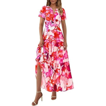 PRETTYGARDEN Women's Summer Boho Maxi Dresses Floral Short Sleeve V Neck A Line Tiered Flowy Long Beach Vacation Dress